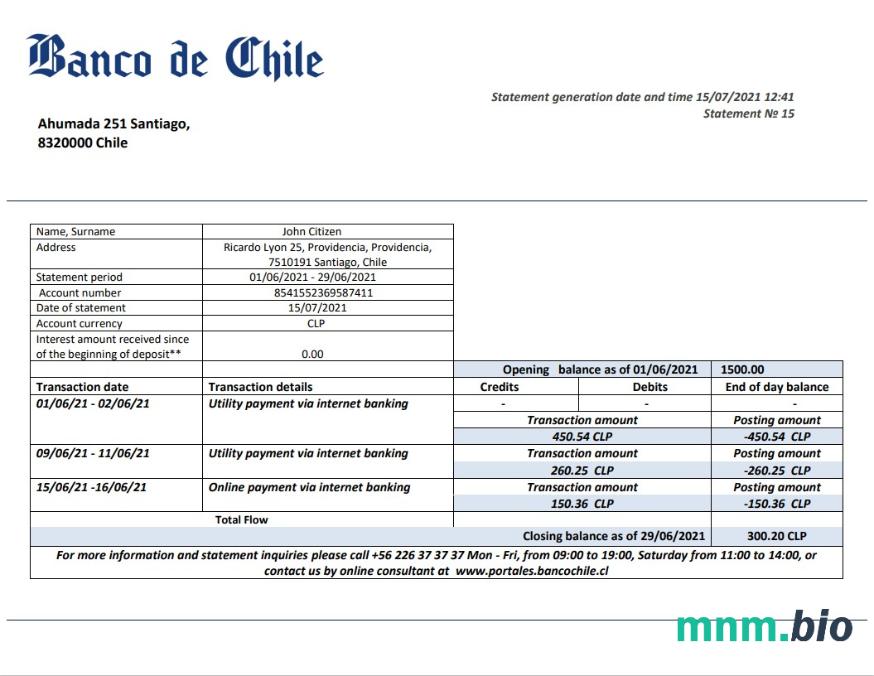 Szablon wyciągu bankowego Chile Banco Bice w programie Word i PDF